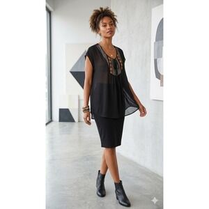 Daniel Rainn Black Embroidered Bib Tie Neck Sheer Blouse Top Womens Plus 2X